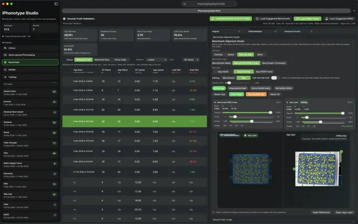Mac Companion above-ground phenotyping screen with batch summary and segmented overlays.