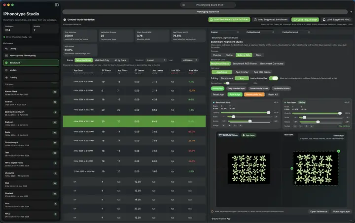 Mac Companion phenotyping screen for potato and soybean tray analysis.